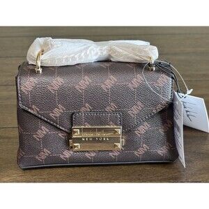 NEW Nicole Miller New York Small Crossbody Chain Purse Brown Mix Logo Pattern
